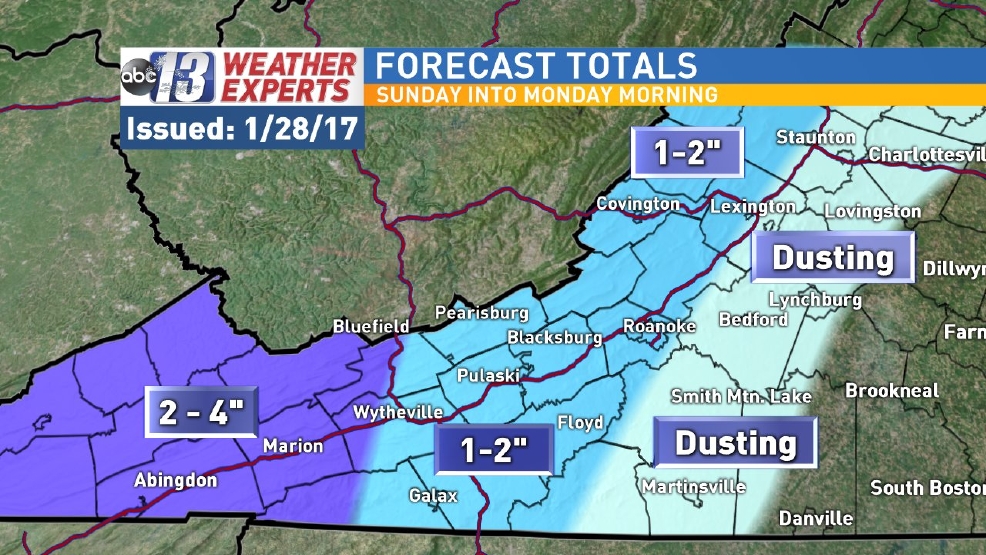 1” to 2” snowfall likely in SW Virginia on Sunday. WSET